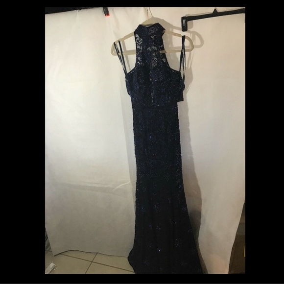 NEW! $568 La Femme Rhinestone Lace Gown‎ in Navy Blue [SZ 2 ] - Picture 3 of 10